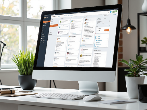 AI知识管理工具界面，显示文档整理和智能分类功能，办公效率风格背景